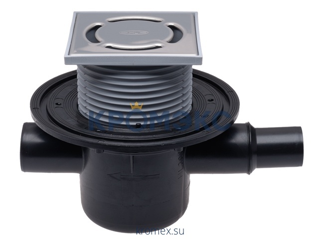 Трап регулируемый с гидрозатвором Дн 50 с нержавеющей решёткой 115х115мм с доп. входом Дн 40/50 и обратным клапаном горизонтальный выпуск HL HL300.