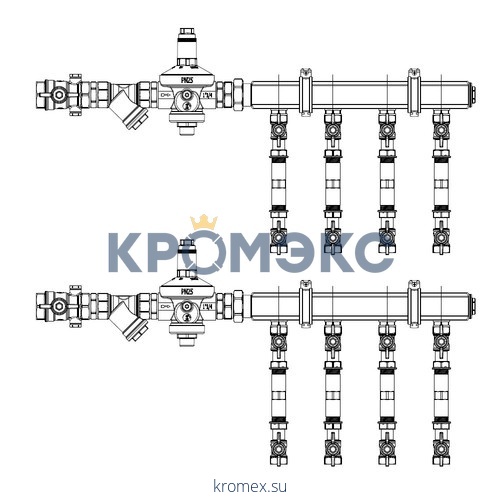 Узел коллекторный этажный латунь Ду 32 для учёта расхода воды GE550-R4 1 1/4" 9 вых 3/4" Giacomini GE550Y259
