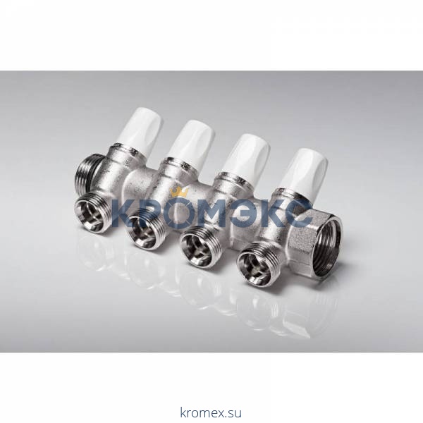 Коллектор латунь 1" ВР/НР на 2 вых 3/4" НР под евроконус с запорно-регулирующими клапанами Rehau 11316441001