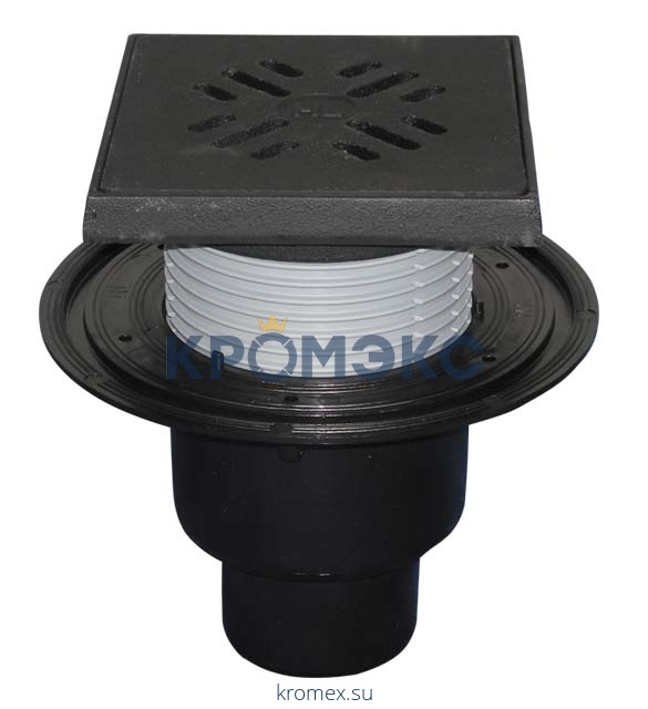 Трап для подвалов и тех.помещений регулируемый с гидрозатвором Дн 50/75/110 с чугунной решёткой 137х137мм с подрамником из чугуна вертикальный выпуск HL HL310NG