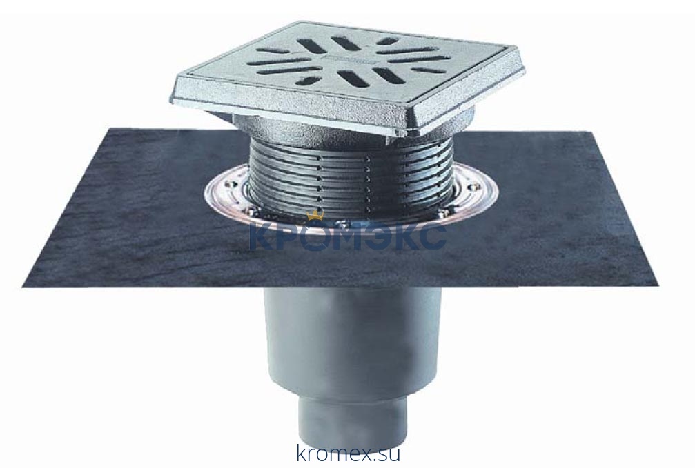 Трап регулируемый с "сухим" затвором серия PERFEKT Дн 110 с чугунной решёткой 226х226мм с полимербитумным полотном и подрамником из чугуна вертикальный выпуск HL 616.1H/1