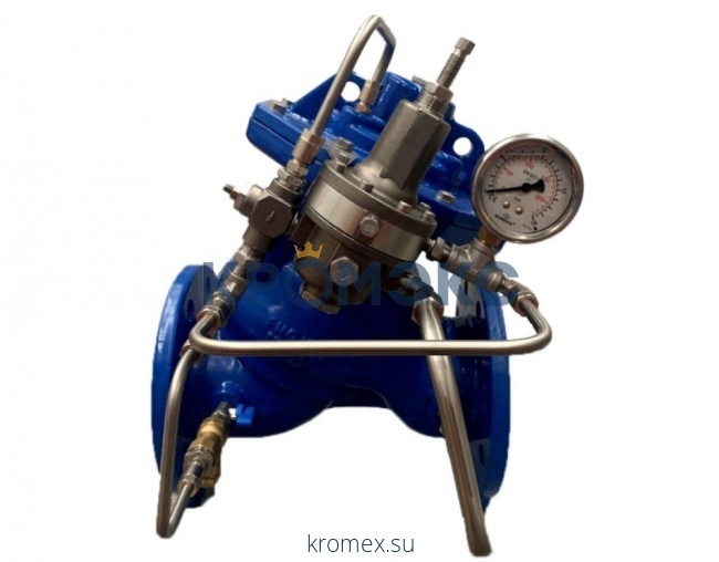 Клапан пилотный регулятор давления "до себя" С301-R DN 200 PN 16, Kvs= 850 м3/ч, Т= 80 °С, (настр. диапазон 0,5...8 бар), корпус - чугун, седло и пилотный контур - нержавеющая сталь, Ридан 082X6146R