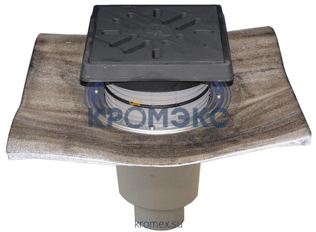 Трап регулируемый с "сухим" затвором серия PERFEKT Дн 160 с чугунной решёткой 226х226мм с полимербитумным полотном и подрамником из чугуна вертикальный выпуск HL 616.1H/5