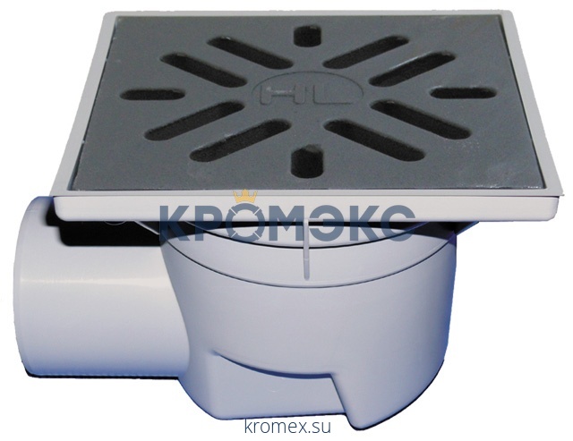 Трап нерегулируемый с "сухим" затвором серия PERFEKT Дн 110 с чугунной решёткой 226х226мм с подрамником из ПП горизонтальный выпуск HL HL605