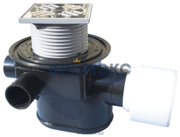 Трап для подвалов и тех.помещений регулируемый Дн 75/110 с чугунной решёткой 115х115мм с 3-мя входами и обратным клапаном горизонтальный выпуск HL HL70