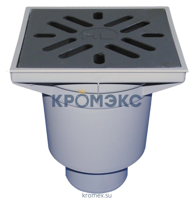 Трап нерегулируемый с гидрозатвором серия PERFEKT Дн 110 с чугунной решёткой 226х226мм с подрамником из ПП вертикальный выпуск HL HL606W/1