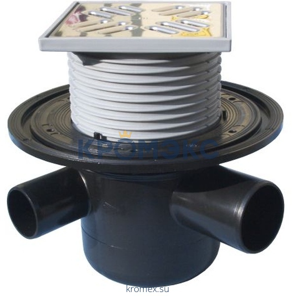 Трап регулируемый с гидрозатвором Дн 50 с нержавеющей решёткой 115х115мм с 3-мя доп. входами Дн 50/40 и обратным клапаном горизонтальный выпуск HL HL304