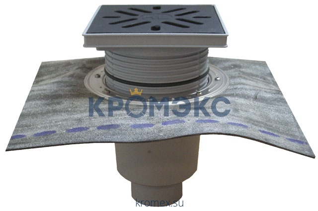 Трап регулируемый с "сухим" затвором серия PERFEKT Дн 110 с пластиковой решёткой 226х226мм с полимербитумным полотном и подрамником из ПП вертикальный выпуск HL HL616HL/1