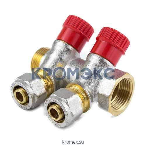 Коллектор латунь 7018 3/4" ВР/НР на 3 вых Дн16 обжим с регулирующими клапанами, красные ручки для мп Aquasfera 7018-02