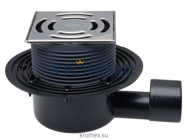 Трап регулируемый с "сухим" затвором "Primus" Дн 50/75 с нержавеющей решёткой 138х138мм с фиксацией решетки Klick-Klack горизонтальный выпуск HL HL5100Pr