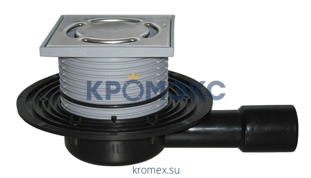 Трап для балконов и террас регулируемый Дн 40/50 с нержавеющей решёткой 115х115мм с высотой корпуса H=57мм горизонтальный выпуск HL HL90