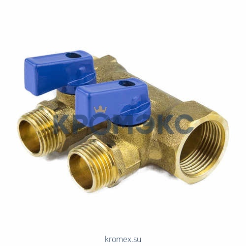 Коллектор латунь 9025 3/4" ВР/НР на 2 вых 1/2" НР с шаровыми кранами, синие ручки Aquasfera 9025-01