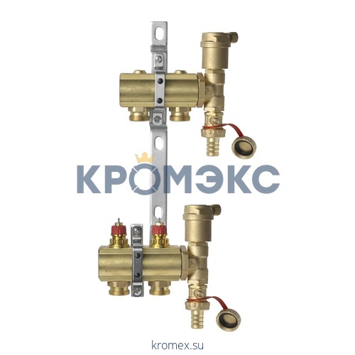 Группа коллекторная латунь FHF-set 1" ВР/ВР 8 вых 3/4" НР под евроконус с термостатическими клапанами Danfoss 088U0708
