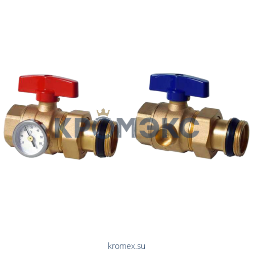 Комплект шаровых кранов латунь FHF-BV Ду 25 с гнездом для установки термометра Danfoss 088U0822