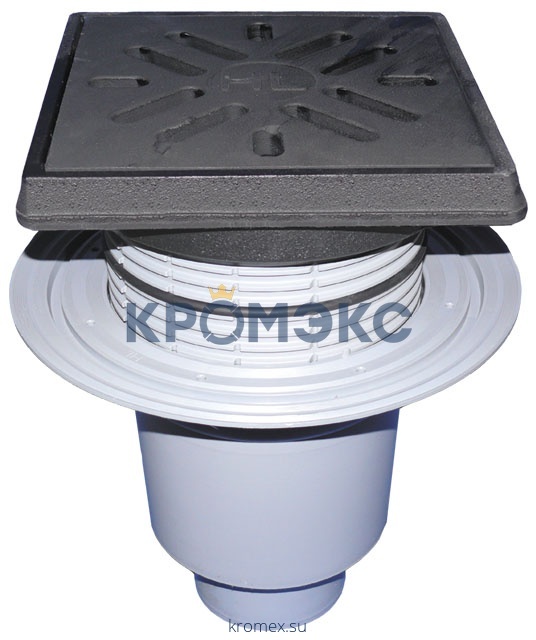 Трап регулируемый с "сухим" затвором серия PERFEKT Дн 110 с чугунной решёткой 226х226мм с подрамником из чугуна вертикальный выпуск HL HL616.1/1