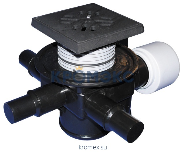 Трап для подвалов и тех.помещений регулируемый Дн 75/110 с чугунной решёткой 137х137мм с 3-мя входами и обратным клапаном горизонтальный выпуск HL HL70G