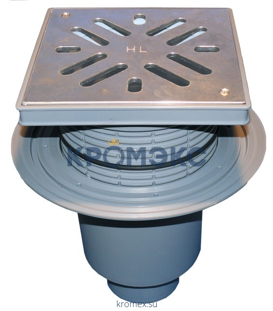 Трап регулируемый с "сухим" затвором серия PERFEKT Дн 110 с нержавеющей решёткой 226х226мм с подрамником из ПП вертикальный выпуск HL HL616S/1