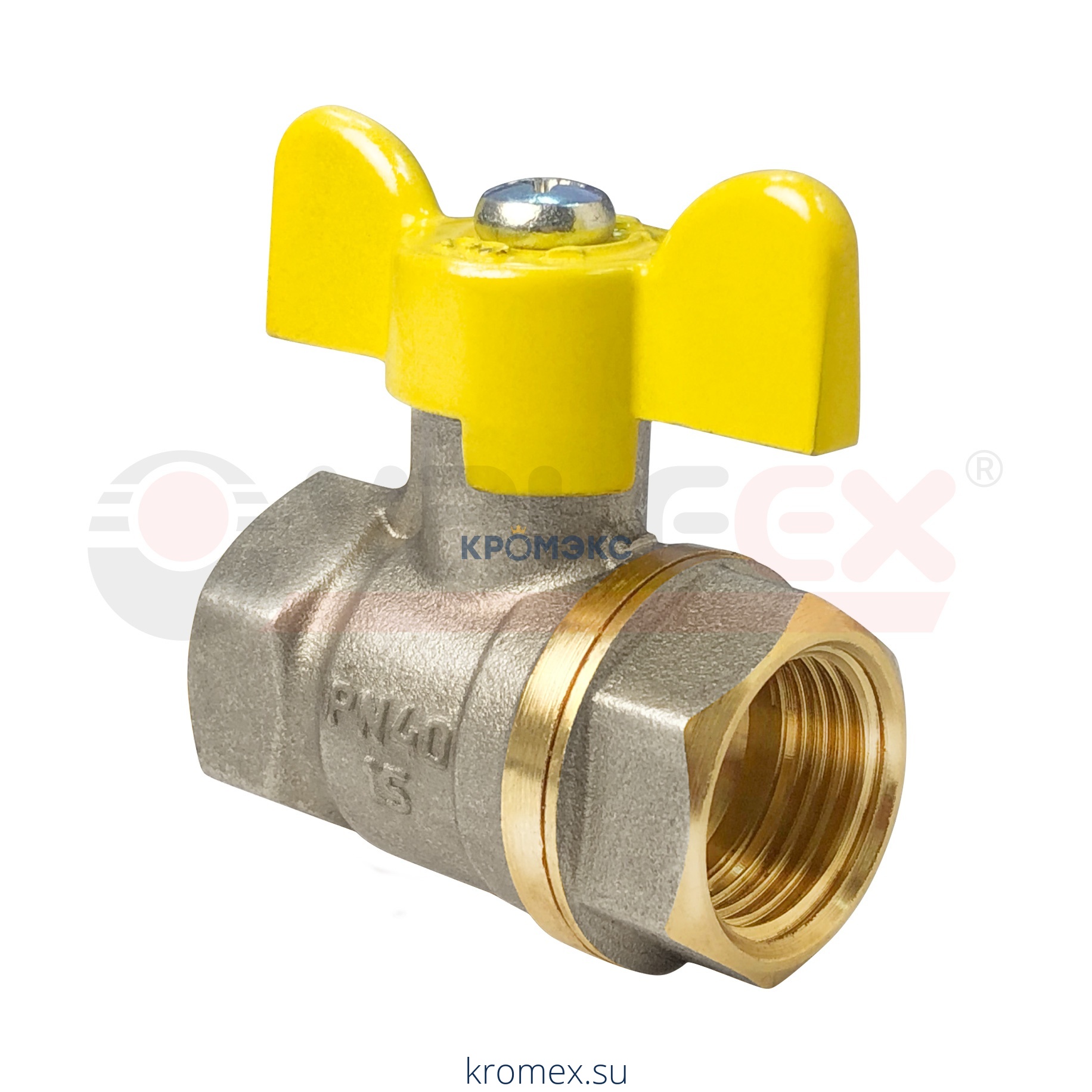 Кран шаровой латунь никель газ 11Б27фтМ Ду 15 Ру40 ВР полнопроходной бабочка VALFEX VF.277.NB3.012