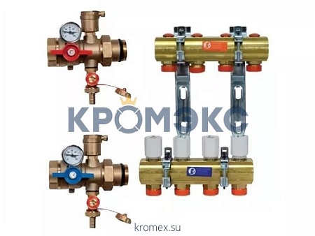 Группа коллекторная латунь R583DK 1" ВР/ВР 10 вых 3/4" НР под евроконус с термостатическими клапанами Giacomini R583DK010 Группа коллекторная латунь R583DK 1" ВР/ВР 10 вых 3/4" НР под евроконус с термостатическими клапанами Giacomini R583DK010